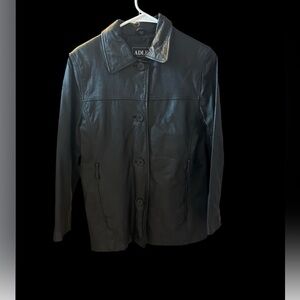 Adler Coat  Medium Black Leather Logo Button Casual Everyday Jacket 90s VTG
